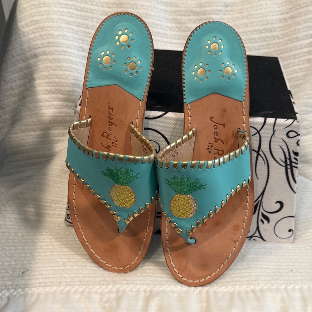 RARE Jack Rogers Pineapple Caribbean Blue w/ Gold Thong Leather Sandals Size 9 - Picture 4 of 8